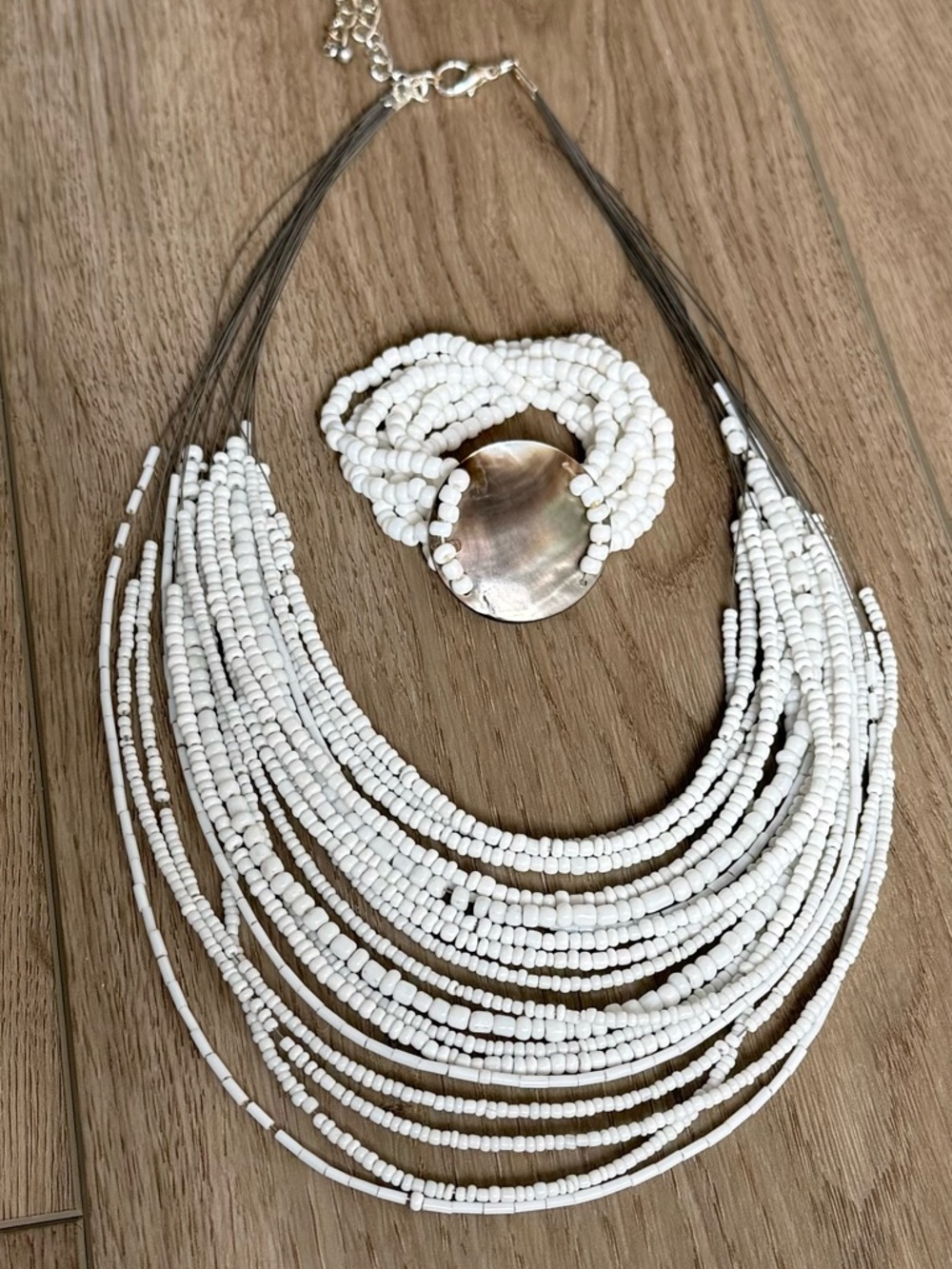 White Beaded Necklace and Abalone Bracelet Set